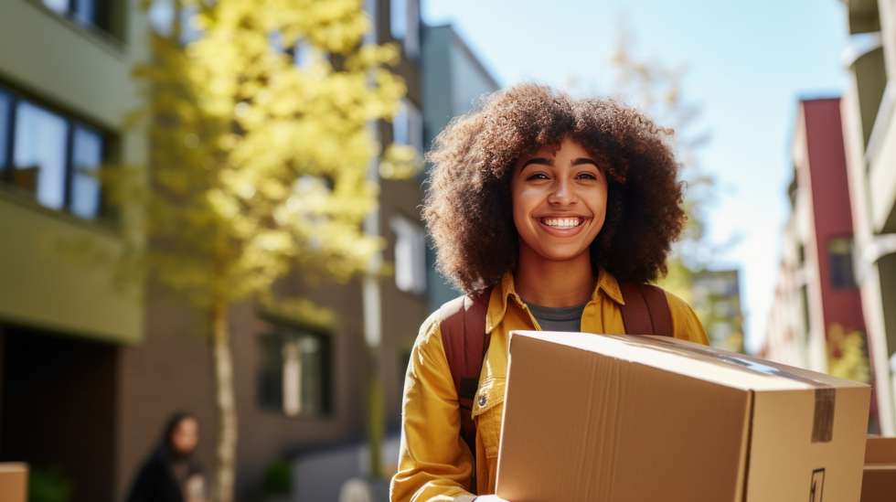 Student carrying a box to her new apartment